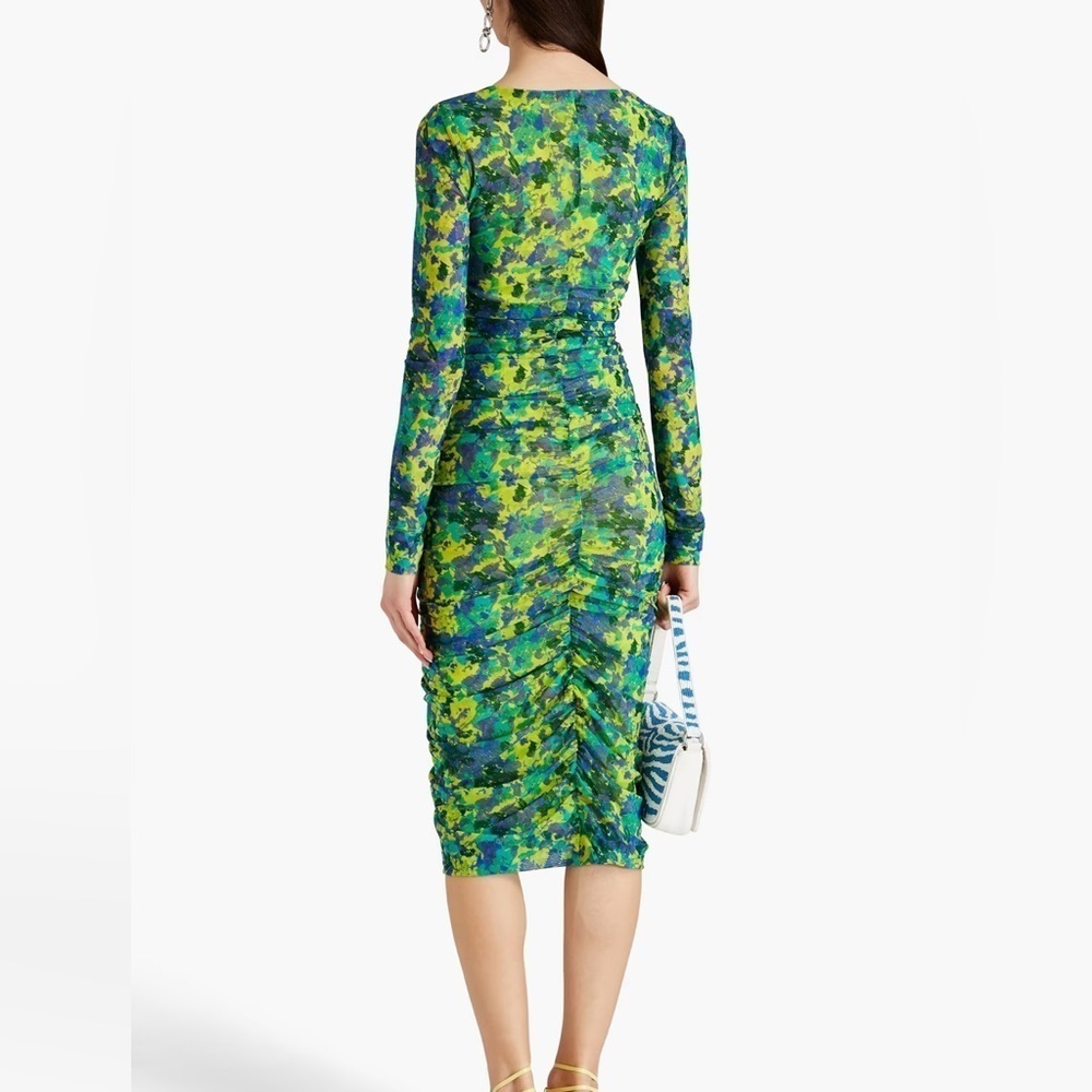 GANNI Ruched‎ floral printed Green 12 stretch-mesh midi dress - Picture 2 of 10